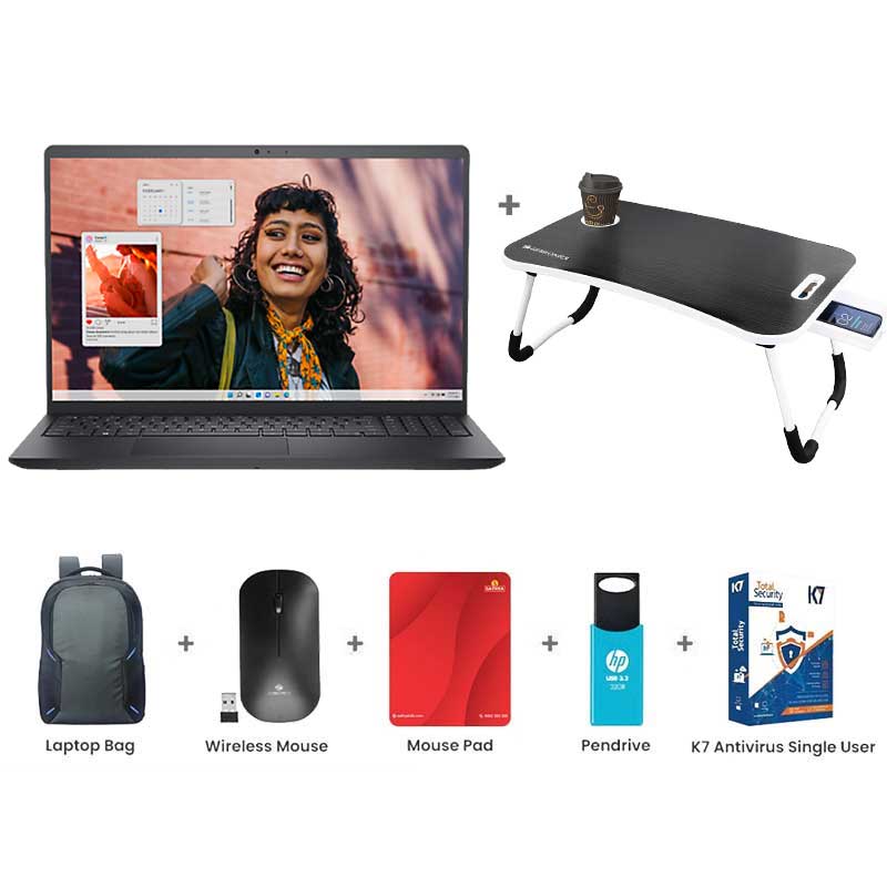 Picture of Dell Inspiron 3530 - 13th Gen Core i3-1305U 15.6" (39.62cm) Thin & Light Laptop (8GB/ 512GB SSD/ Full HD Display/ Windows 11 Home/ MS Office 2021/ Intel UHD Graphics/ 1 Year Warranty/ Carbon Black/ 1.62 kg)  with Laptop Table + Laptop Bag + Wireless Mouse + Mouse Pad + Pendrive + K7 Antivirus Single User